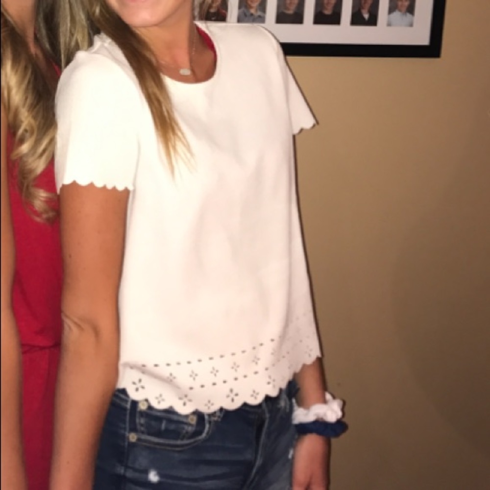 White Dressy Top with Scalloped Short Sleeves